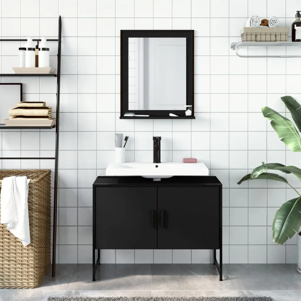 2 Piece Bathroom Cabinet Set Black Engineered Wood