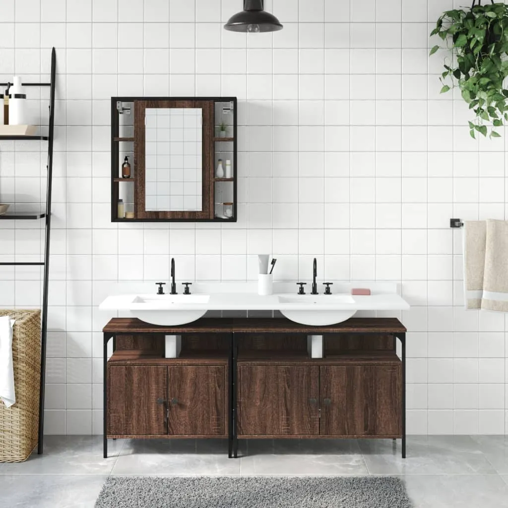 3 Piece Bathroom Cabinet Set Brown Oak Engineered Wood