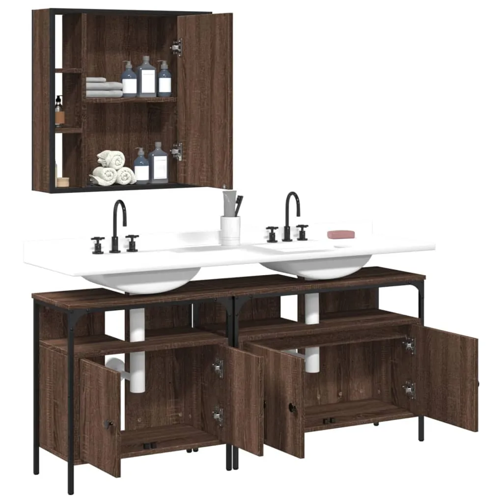 3 Piece Bathroom Cabinet Set Brown Oak Engineered Wood
