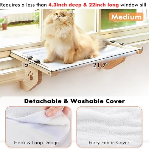 AMOSIJOY Cat Sill Window Perch Sturdy Cat Hammock Window Seat with Wood & Metal Frame for Large Cats, Easy to Adjust Cat Bed for Windowsill, Bedside, Drawer and Cabinet