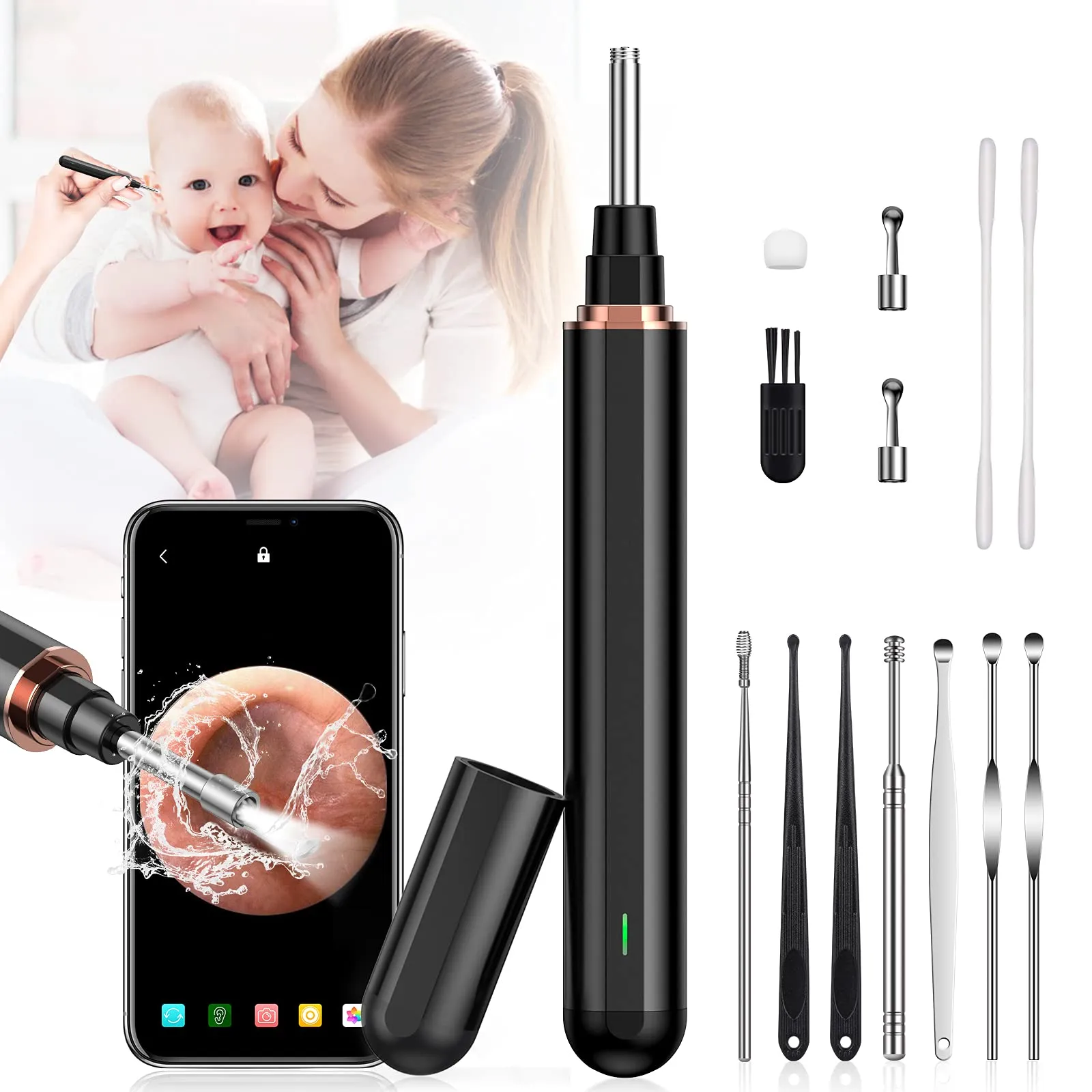 AWELOR Ear Wax Removal Ear Cleaner with Camera,1296P HD Endoscope Earwax Remover Tool with 6 LED Lights,Wireless Ear Otoscope Ear Cleaning Tool for iPhone, iPad & Android Smart Phones