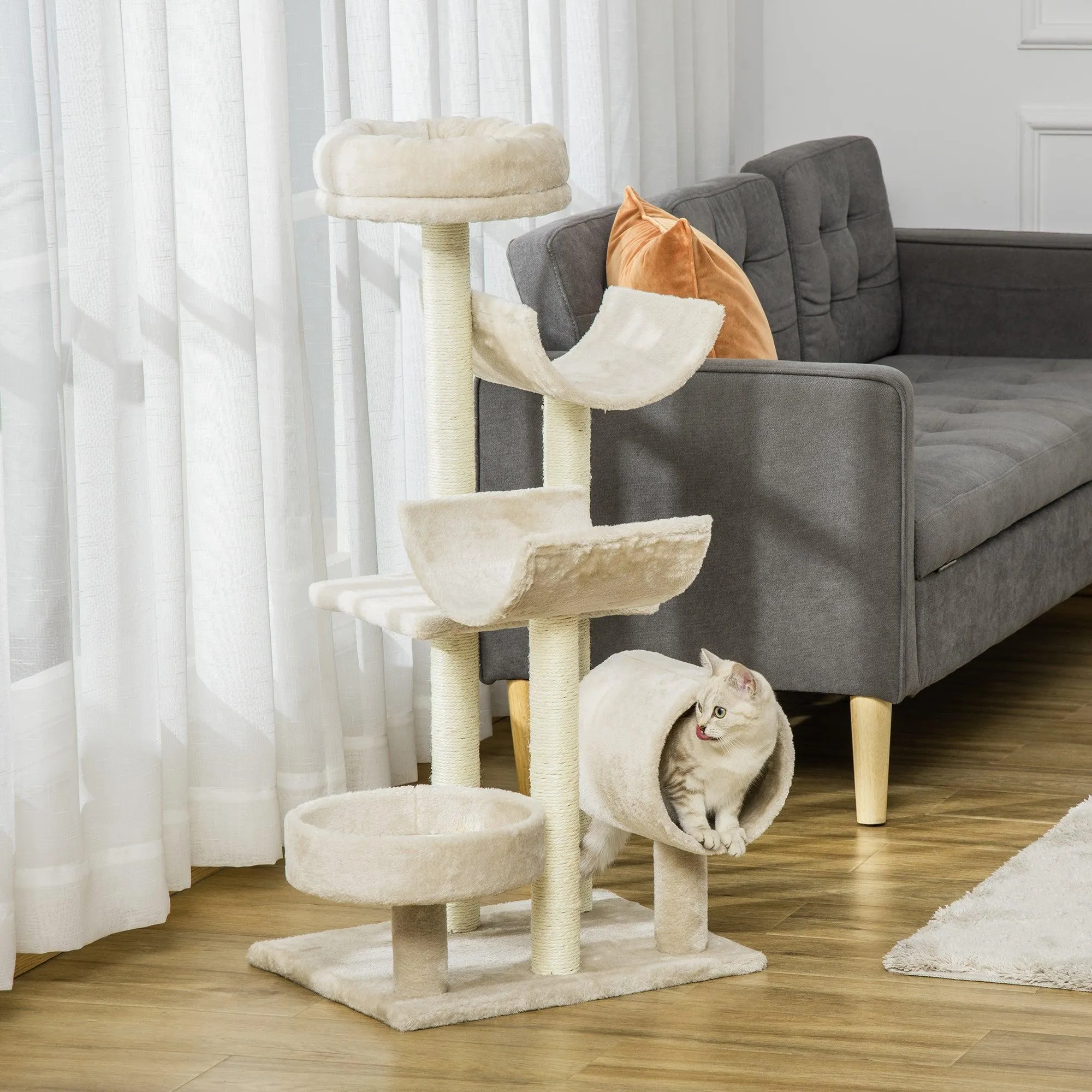 Cat Tree with Tunnels & Plush Covering - Beige