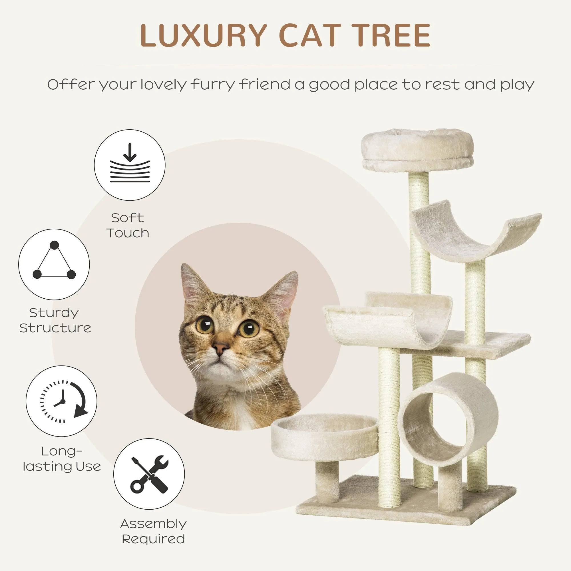 Cat Tree with Tunnels & Plush Covering - Beige