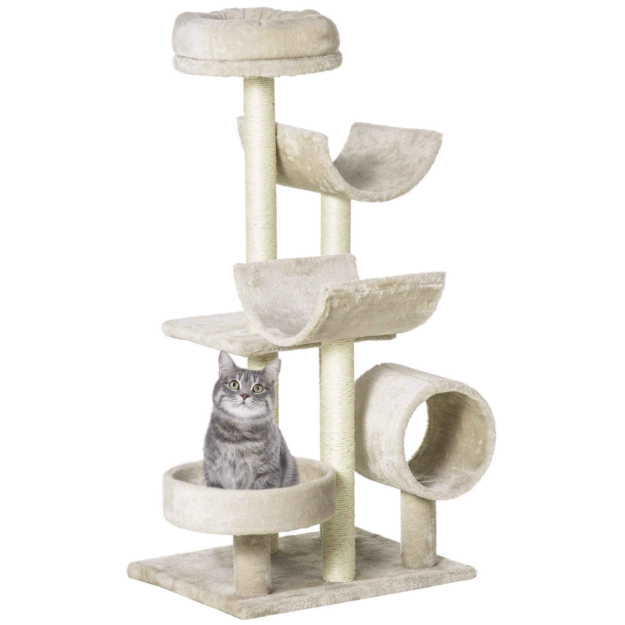 Cat Tree with Tunnels & Plush Covering - Beige