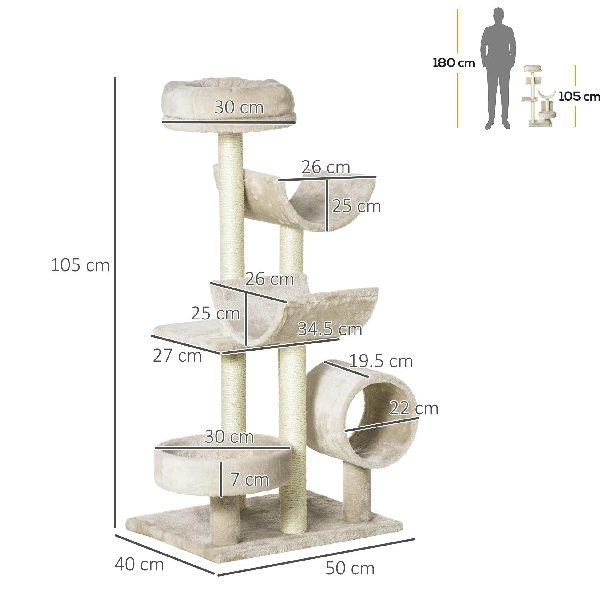 Cat Tree with Tunnels & Plush Covering - Beige