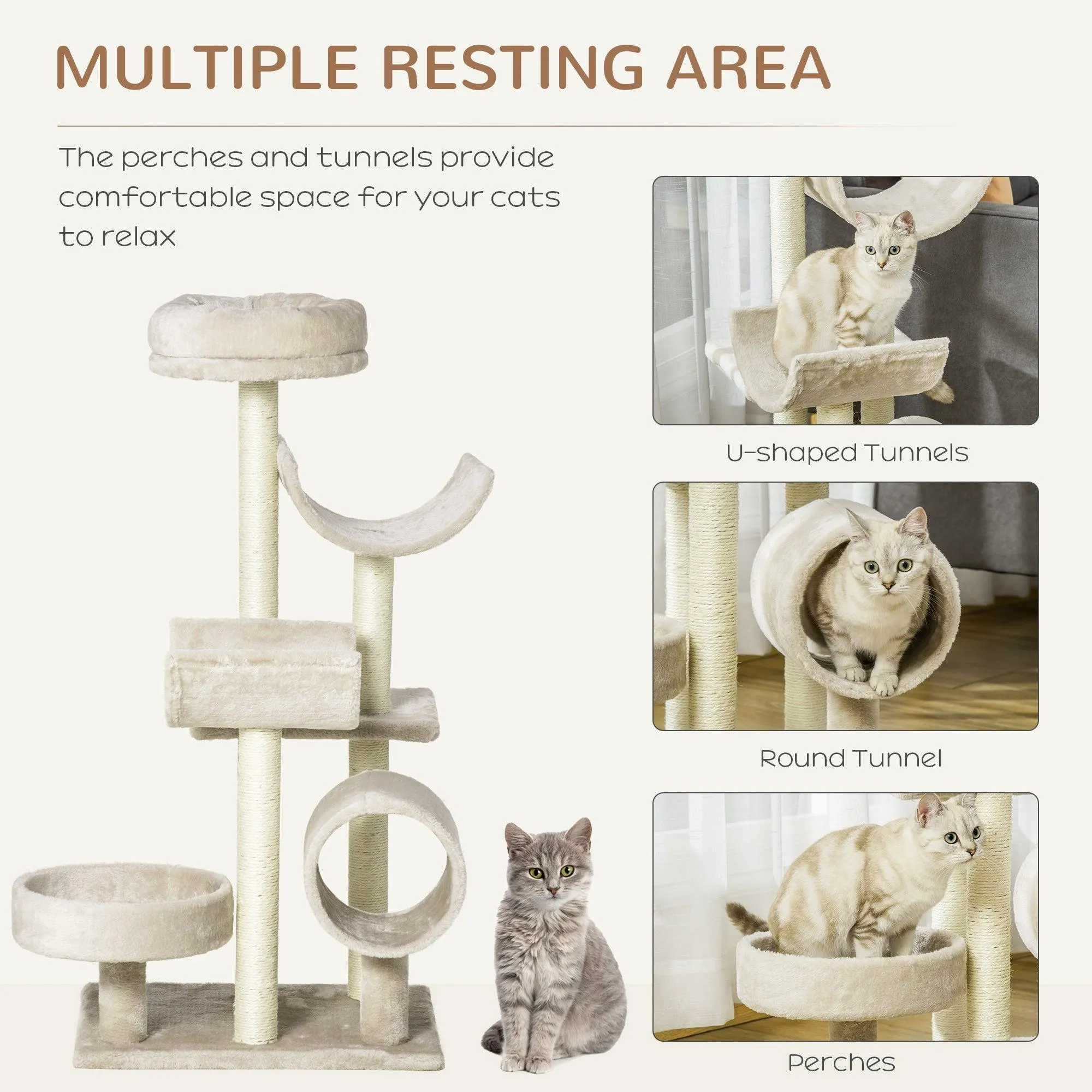 Cat Tree with Tunnels & Plush Covering - Beige