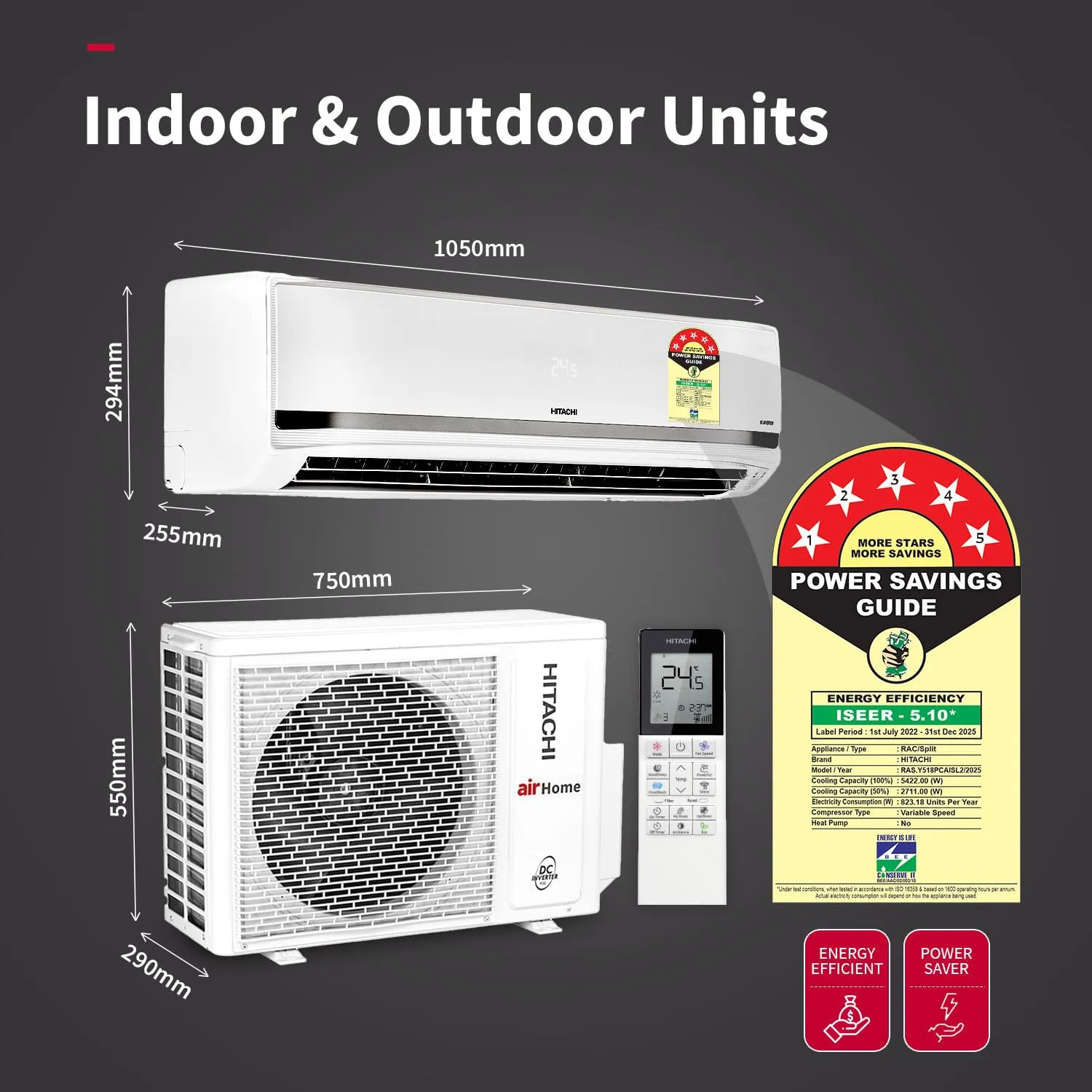 Hitachi RAS.Y518PCAISL2  1.5 Ton Class 5 Star, Heavy Duty, Wifi-enabled, ice Clean, Xpandable , Inverter Split AC (100% Copper, Dust Filter, 5700XXL  White)