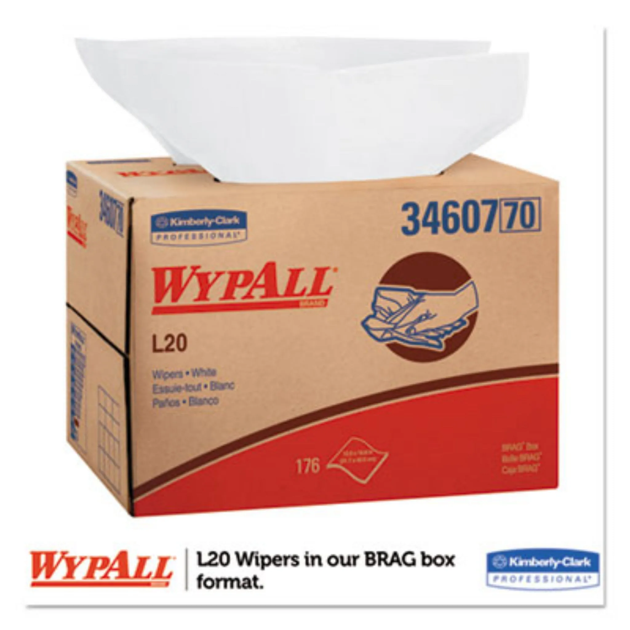 KIMBERLY-CLARK KCC34607 L20 Towels, BRAG Box, Multi-Ply, 12.5 x 16.8, Unscented, White, Box of 176, 1 Box
