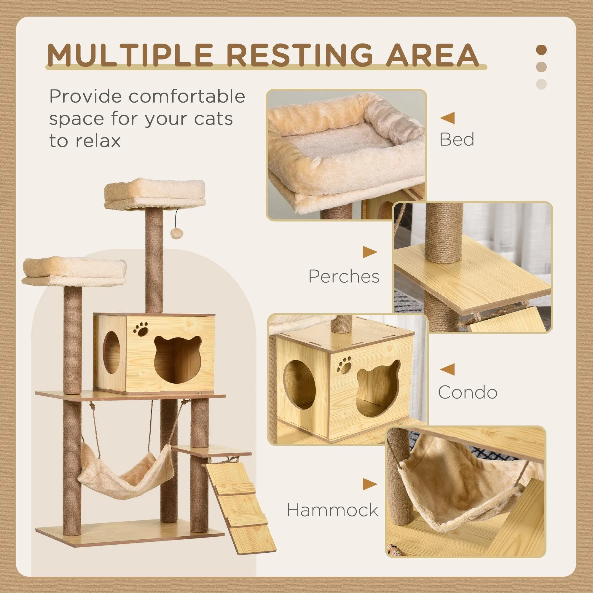 Multi-Level Cat Tree, Scratching Posts, Condo, Ball, 130cm - Yellow