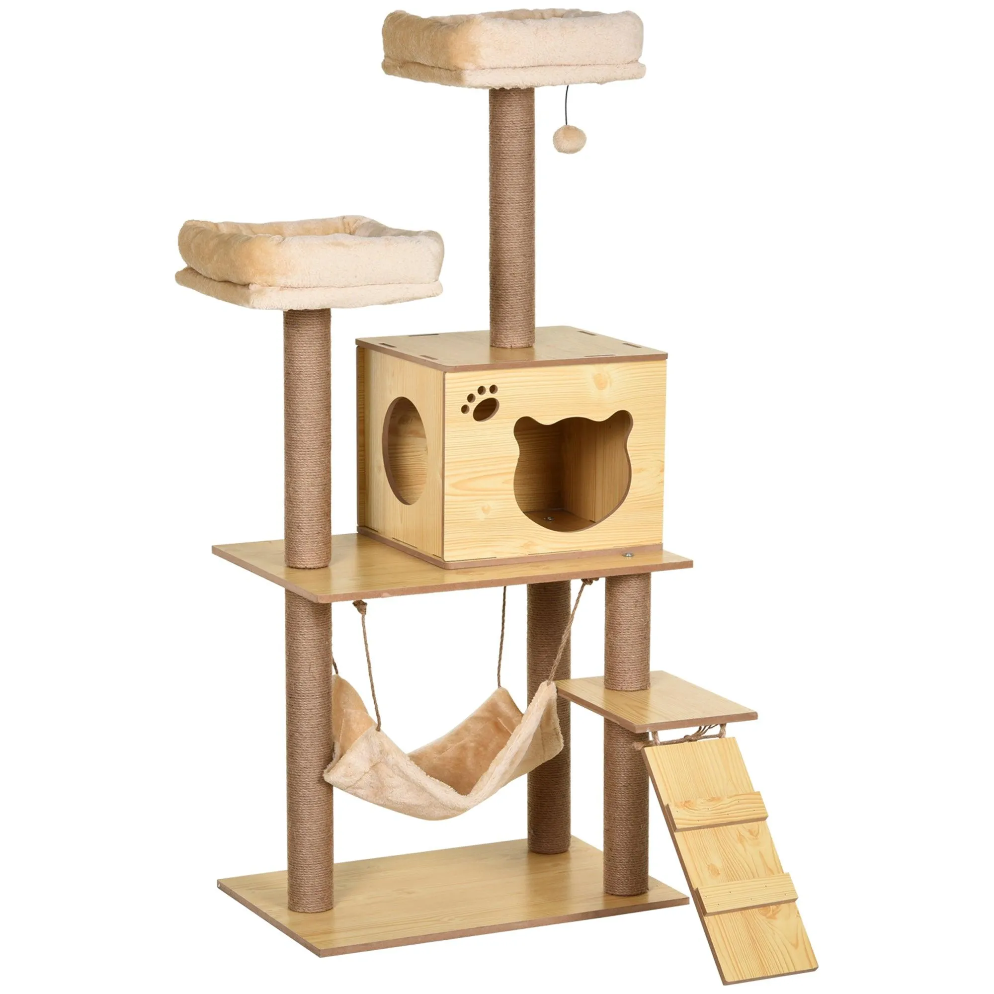Multi-Level Cat Tree, Scratching Posts, Condo, Ball, 130cm - Yellow