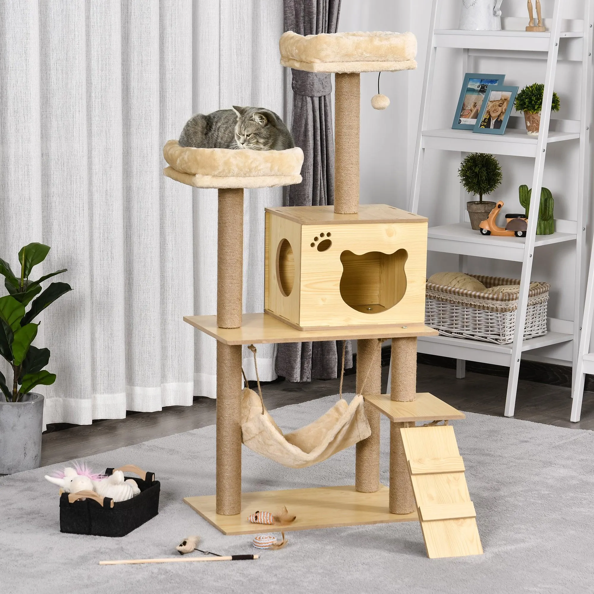 Multi-Level Cat Tree, Scratching Posts, Condo, Ball, 130cm - Yellow