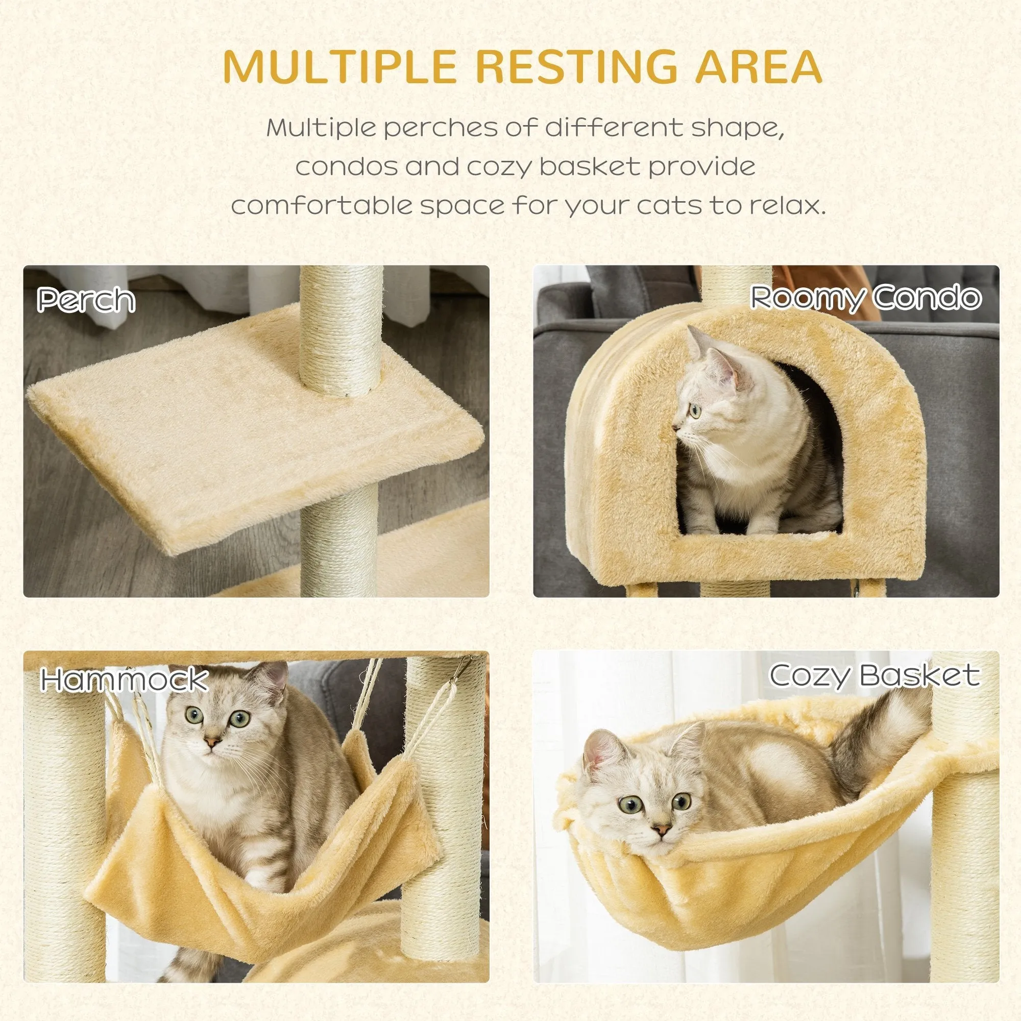 PawHut Cat Tree Tower Kitten Activity Center Scratching Post w/Hammock Condo Bed Basket