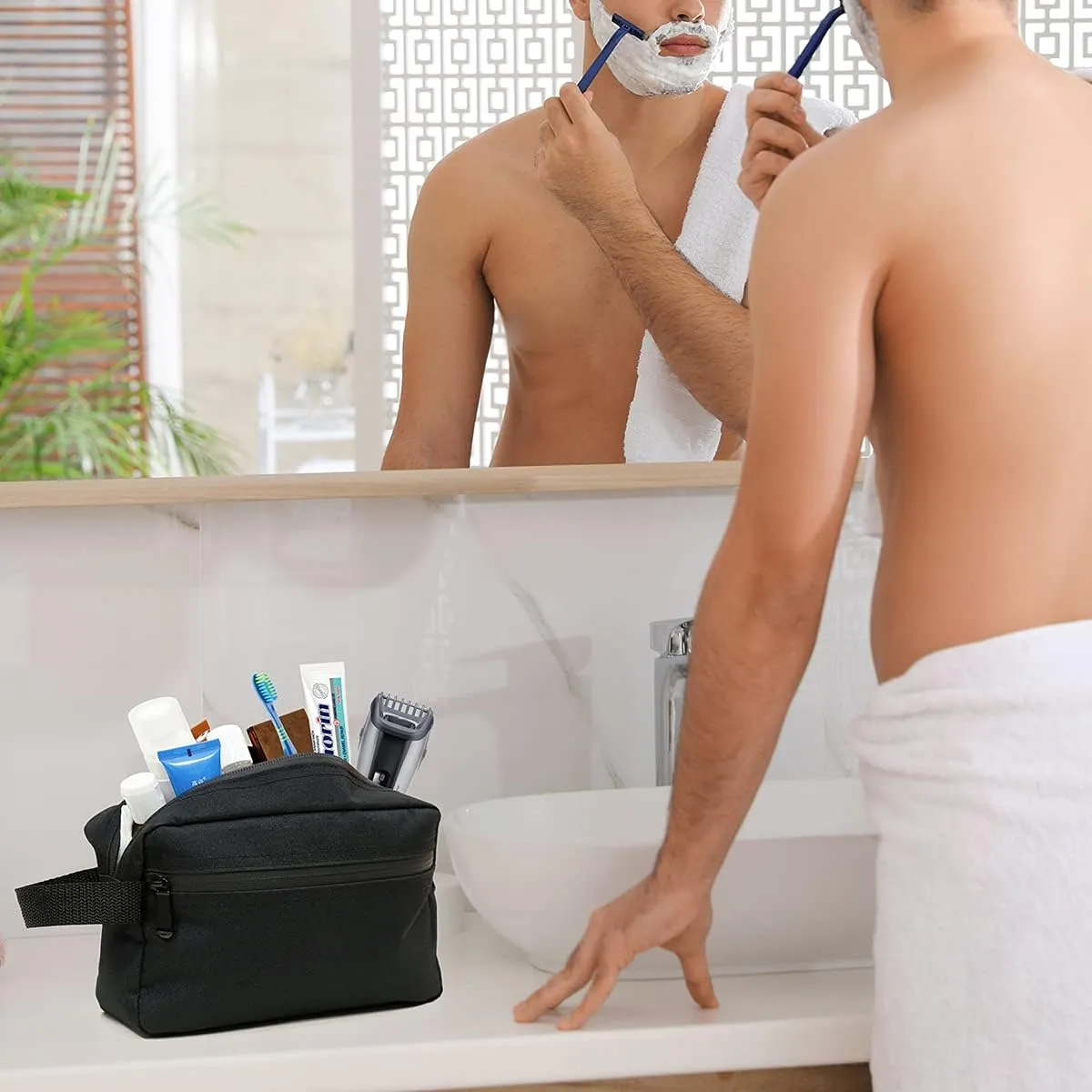 Travel Toiletry Bag for Women and Men, Water-resistant Shaving Bag for Toiletries Accessories, Foldable Storage Bags with Divider and Handle for Cosmetics Toiletries Brushes Tools (Black)