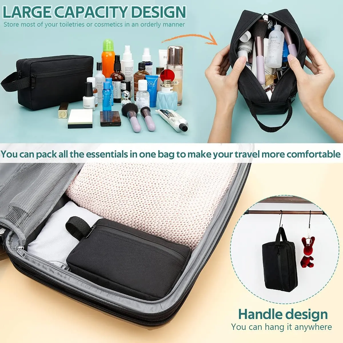 Travel Toiletry Bag for Women and Men, Water-resistant Shaving Bag for Toiletries Accessories, Foldable Storage Bags with Divider and Handle for Cosmetics Toiletries Brushes Tools (Black)